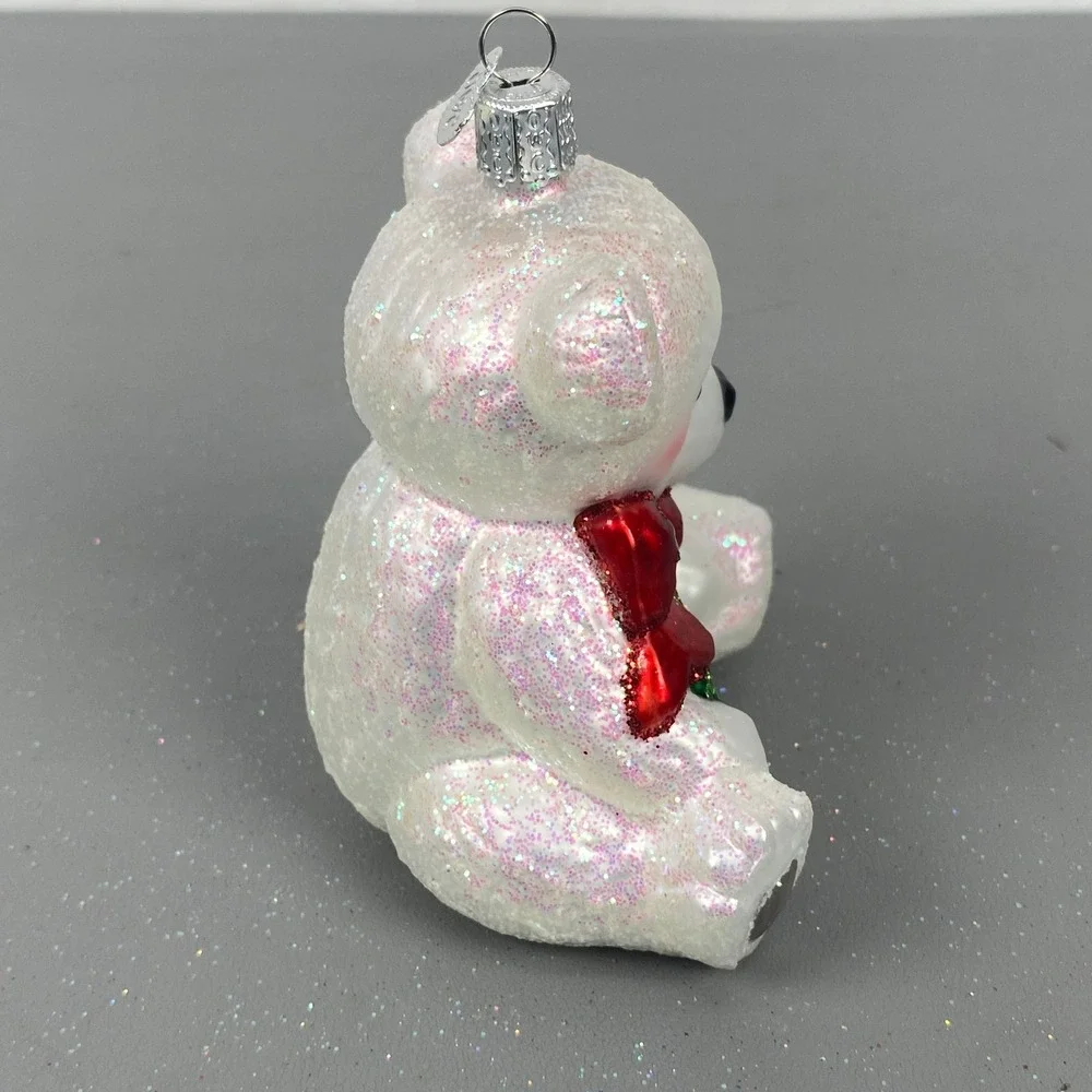 Old World Christmas 2010 Polar Bear Cub Glass Holiday Ornament White Glitter